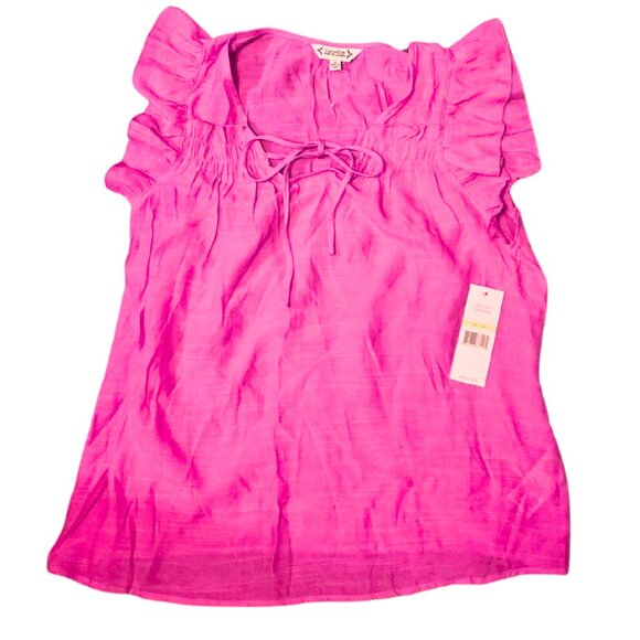 NWT Nanette Lepore Blouse Pink Short Sleeve Tie Neck Boho Peasant Barbie Medium - Picture 1 of 5